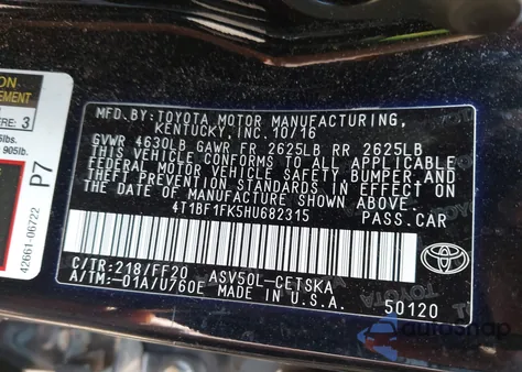 2017 Toyota Camry Se из США, поврежденный, VIN 4T1BF1FK5HU682315